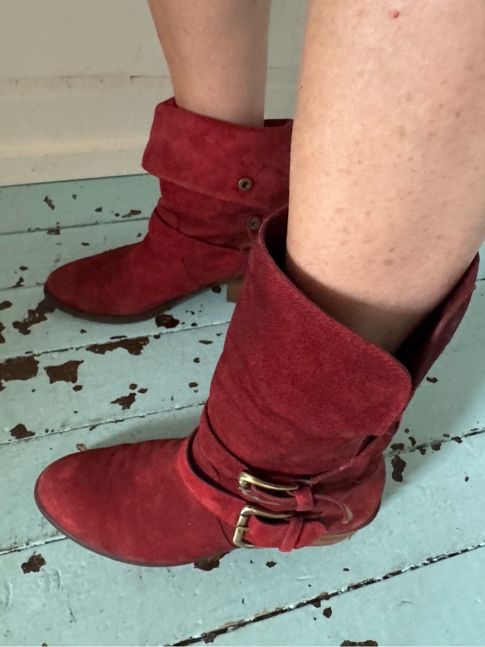 Donald J Pliner US61/2 M Danee Red Suede Leather Fold Down Ankle Boots
